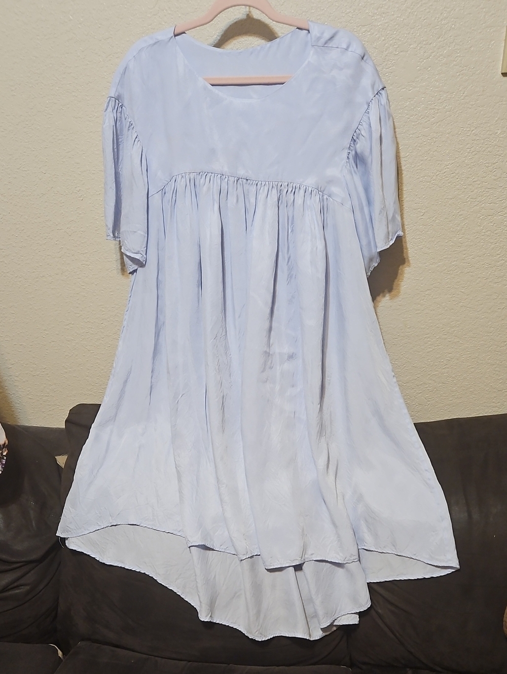 Light Blue High-Low Women's Dress with Relaxed Gathered Waist